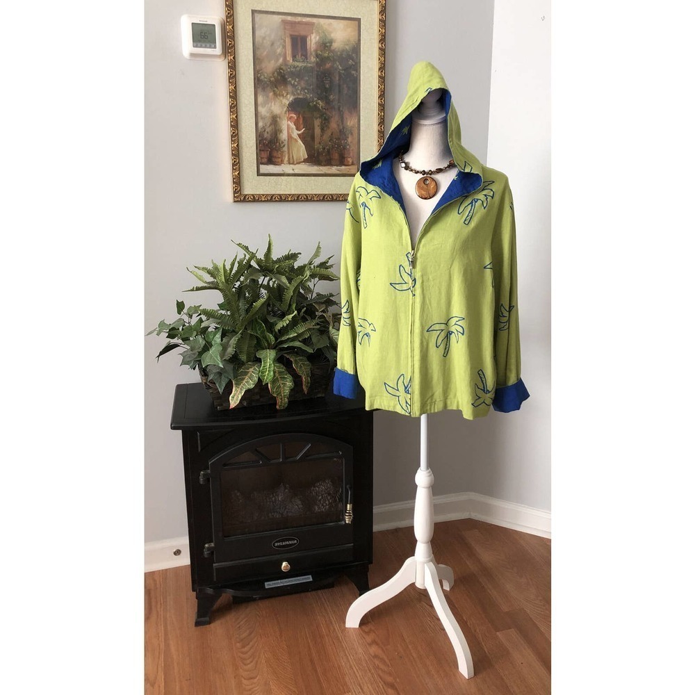 Erin London Womens Hoodie Blazer Linen Blend Size M Long Sleeve‎ Lime Green Blue